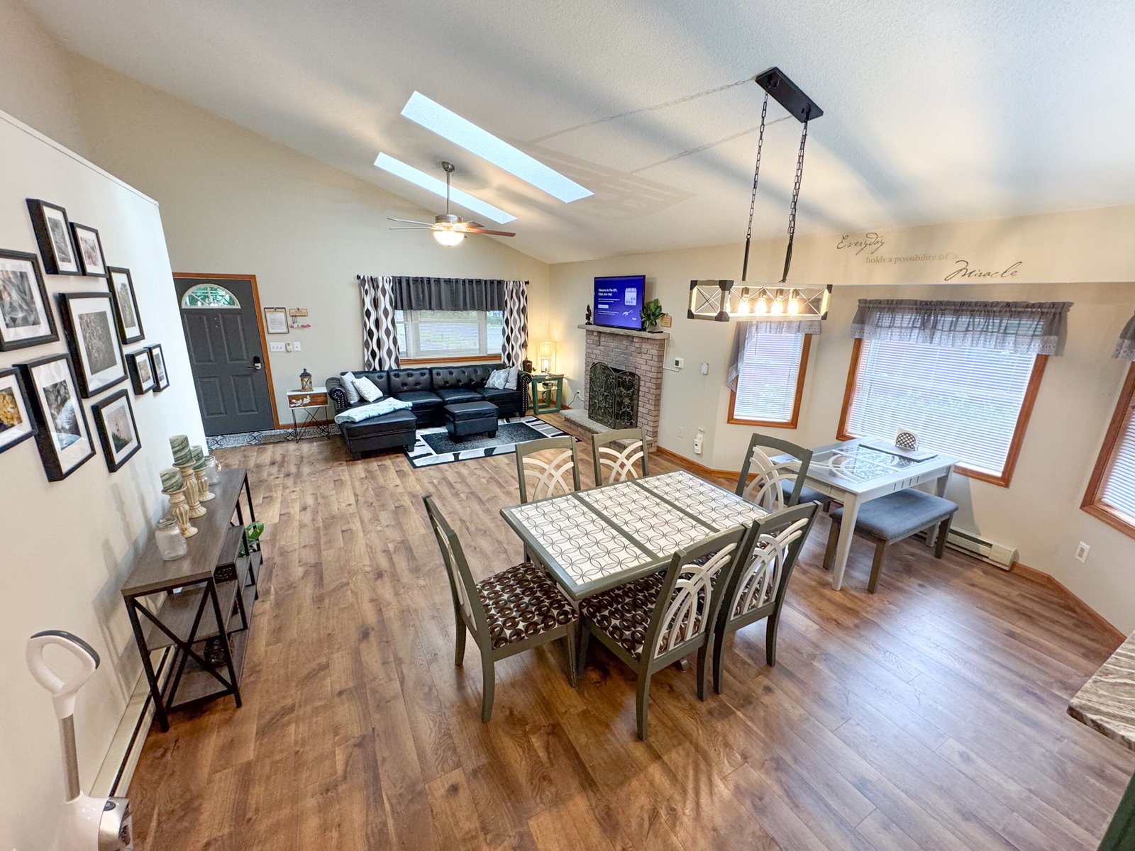 Dining and living room areas of the Quiet Pond Lookout vacation rental property.